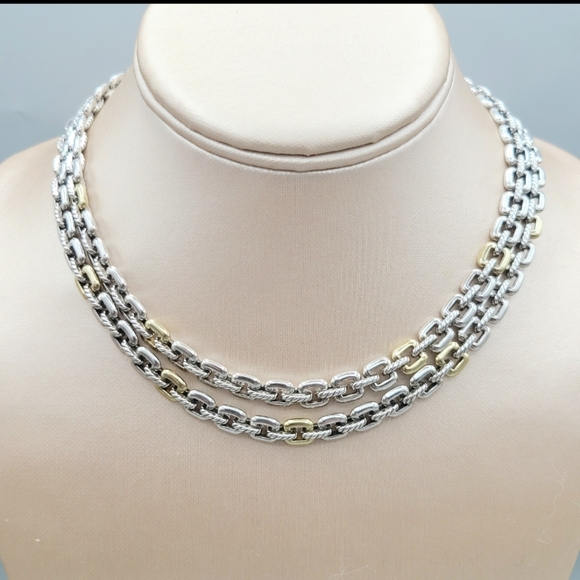 David Yurman Thoroughbred Double Row Cushion Link Necklace With 18k Gold - Picture 3 of 6